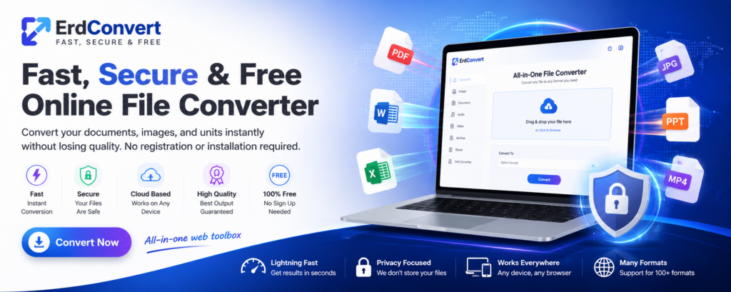 Online file conversion services by ErdConvert for PDF, image, document, audio, and video conversion
