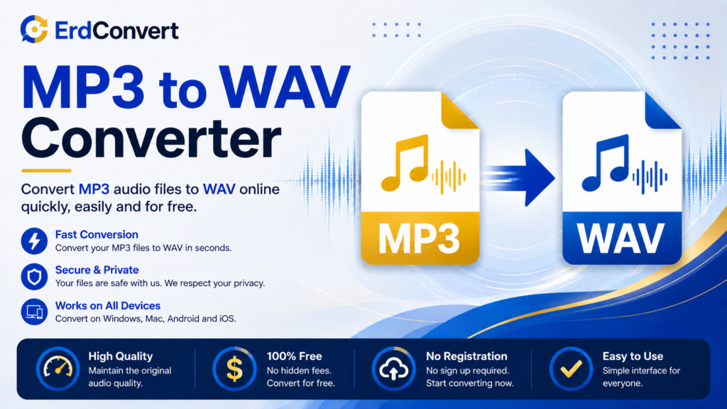 MP3 to WAV Converter – Convert MP3 audio files to WAV online quickly, securely, and for free with ErdConvert.