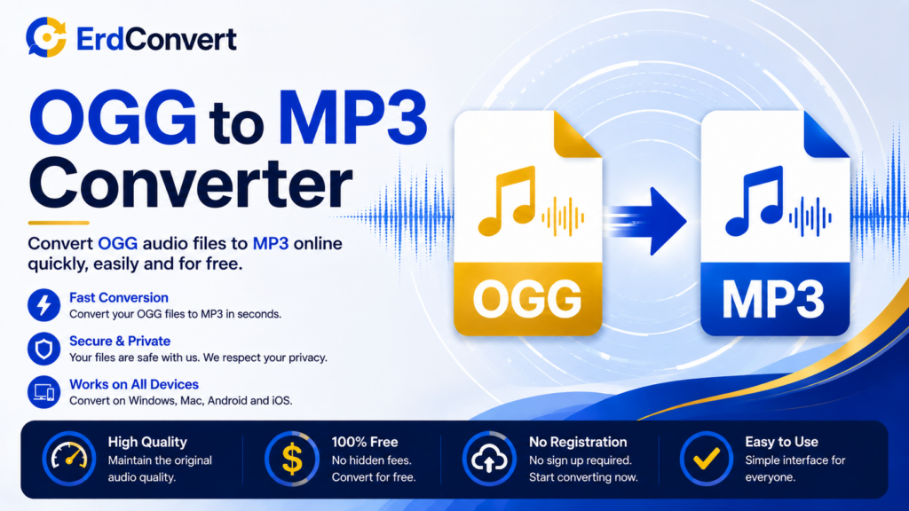 OGG to MP3 Converter – Convert OGG audio files to MP3 online quickly, securely, and for free with ErdConvert.