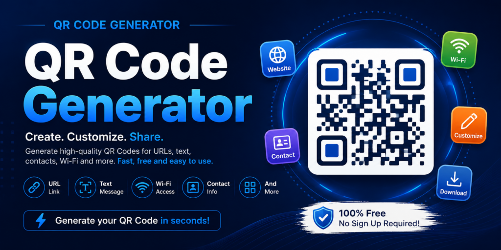 QR Code Generator banner showing a modern blue-themed interface with a large QR code, website, Wi-Fi, contact, customize, and download icons, highlighting fast and free QR code creation.